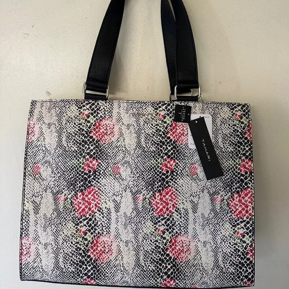 Tahari Vegan Leather Floral Snake Print Tote Bag 16” NWT Black Shoulder Work Bag